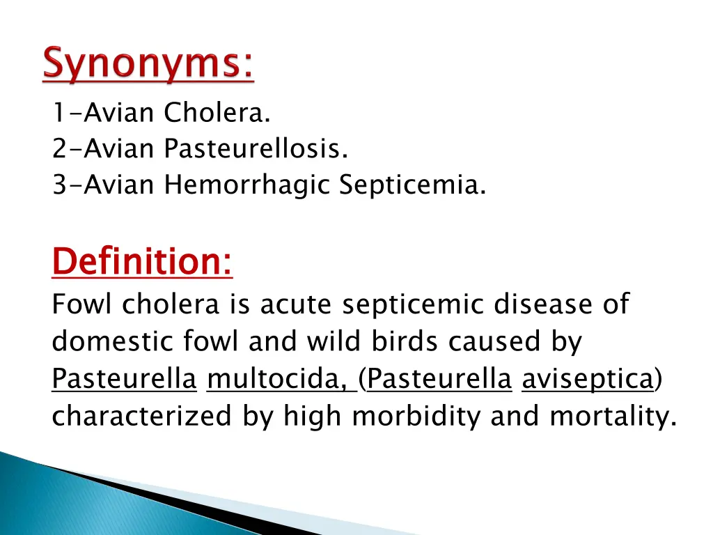 1 avian cholera 2 avian pasteurellosis 3 avian