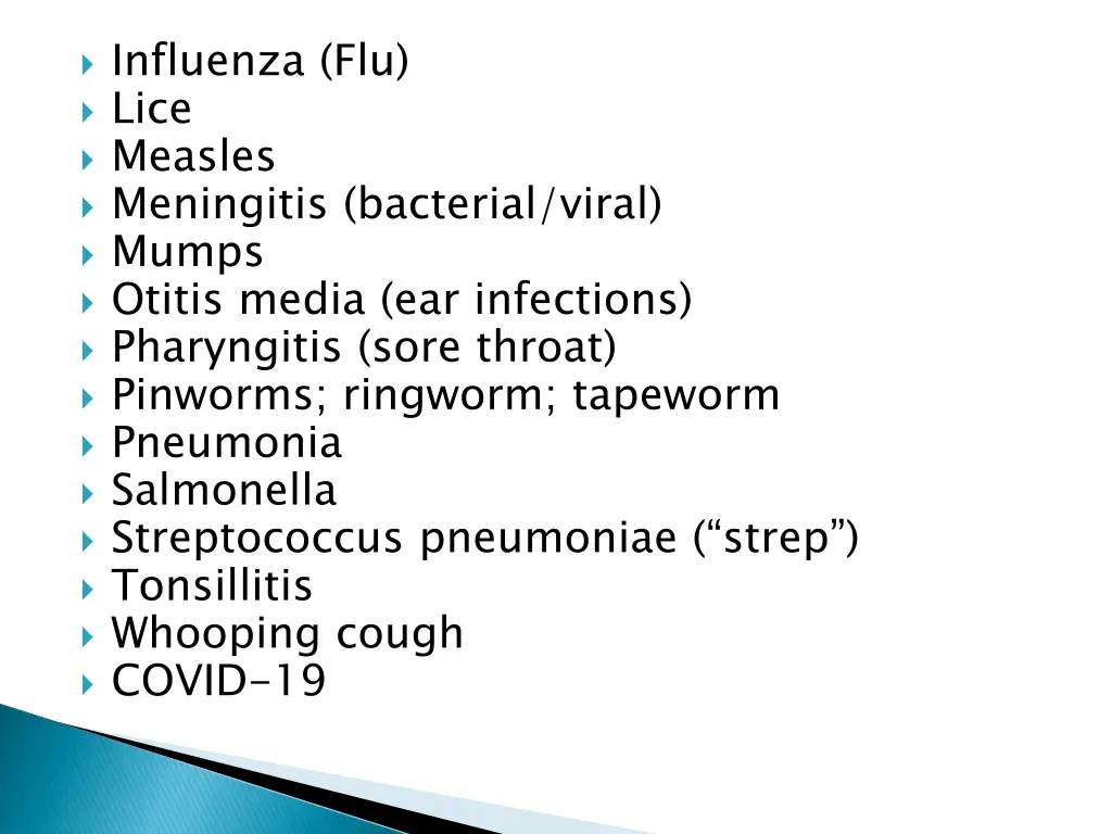 influenza flu lice measles meningitis bacterial