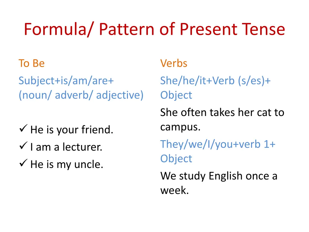 formula pattern of present tense