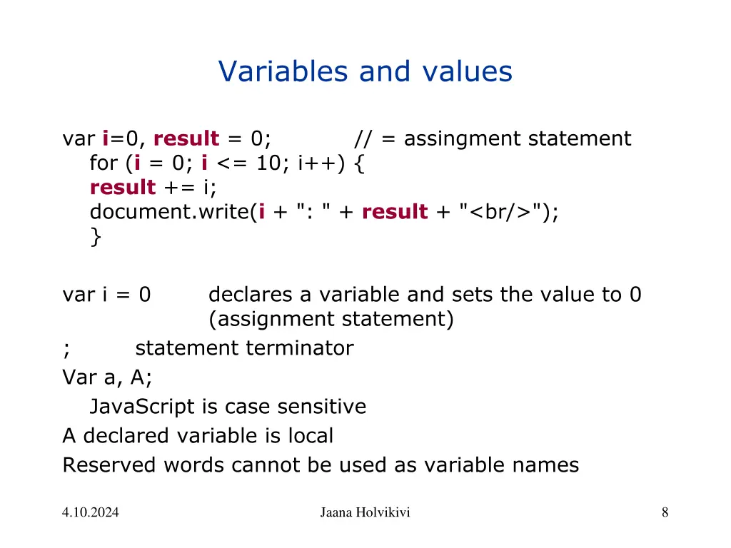 variables and values