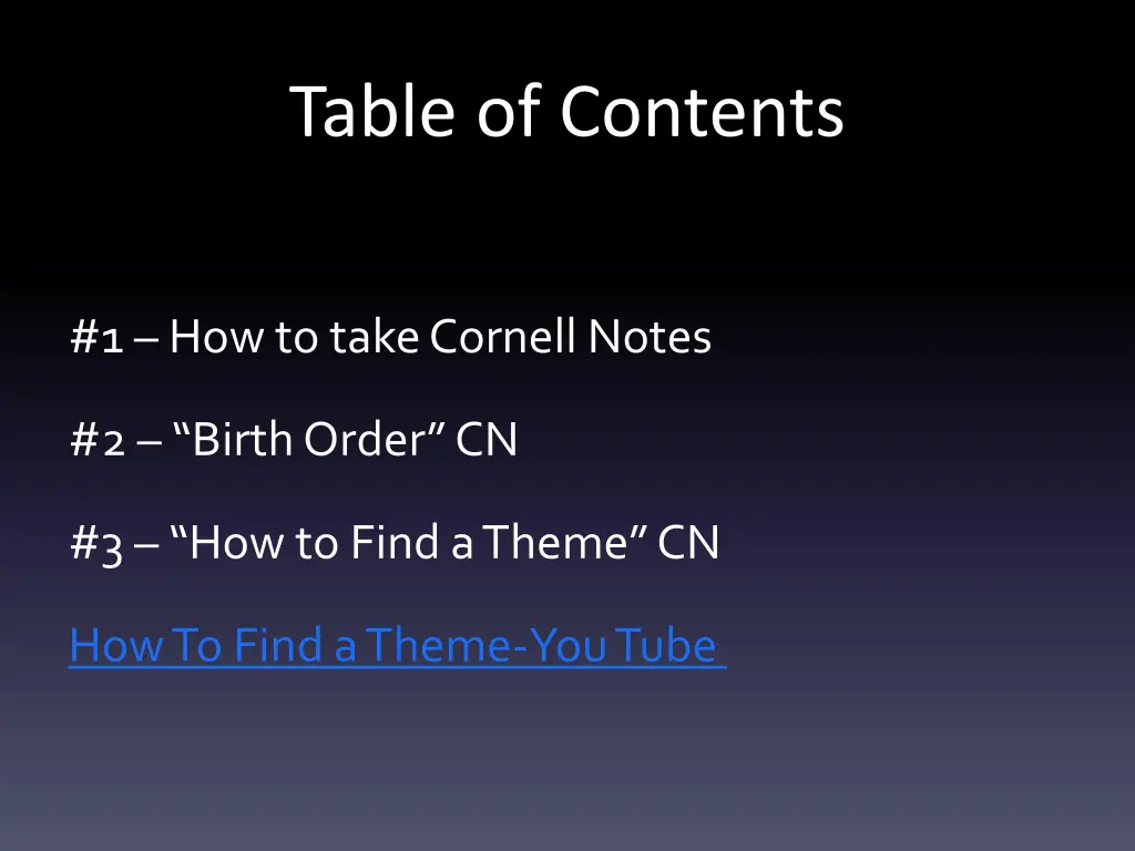 table of contents