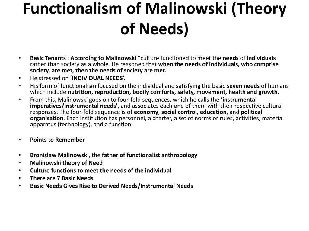 functionalism of malinowski theory of needs