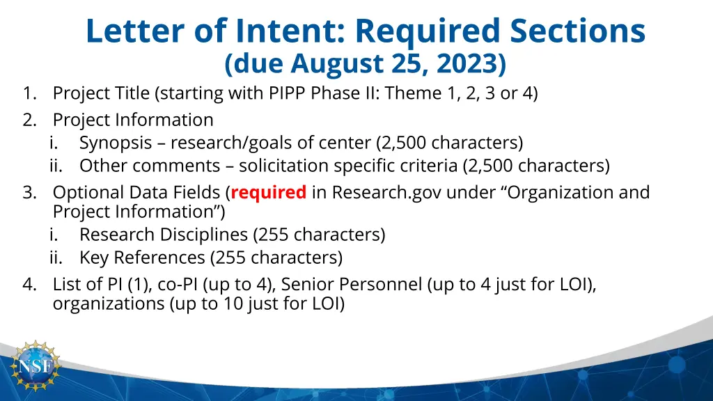 letter of intent required sections due august