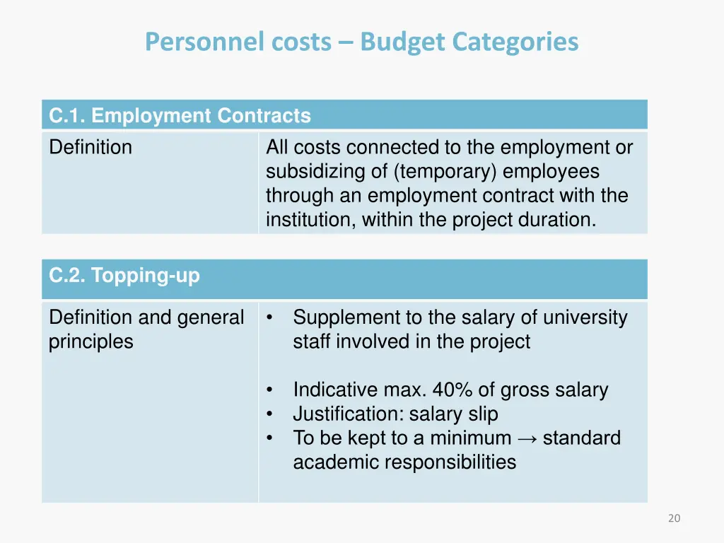 personnel costs budget categories