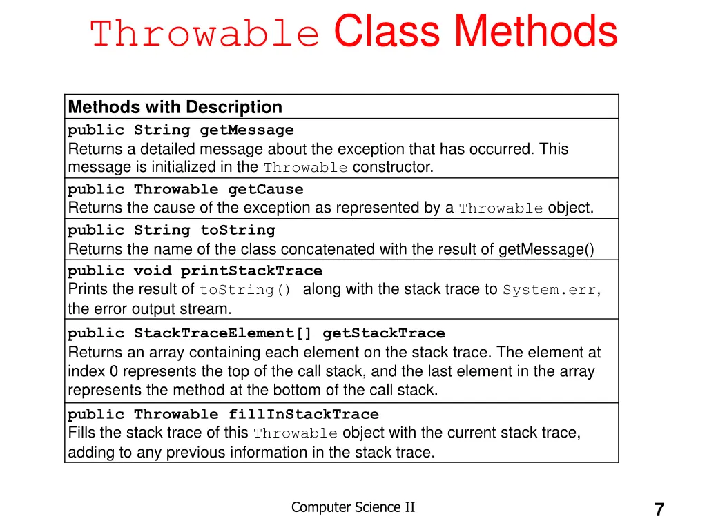 throwable class methods