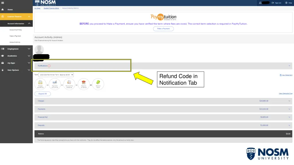 refund code in notification tab