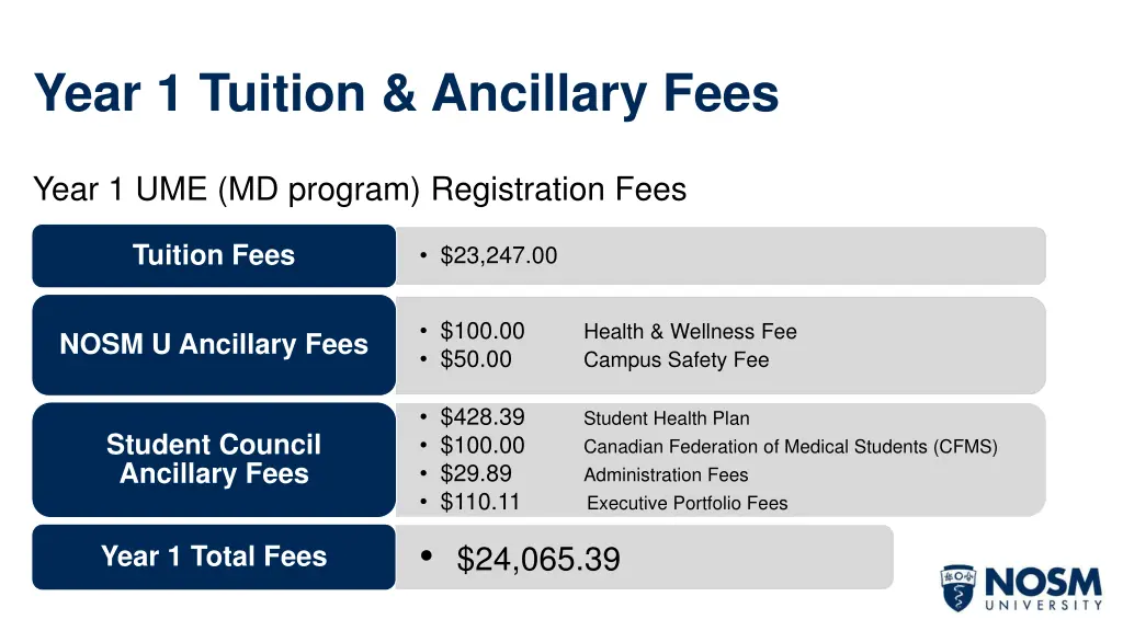 year 1 tuition ancillary fees