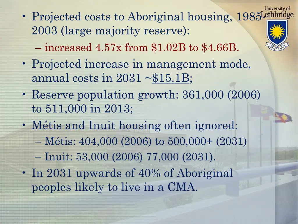 projected costs to aboriginal housing 1985 2003