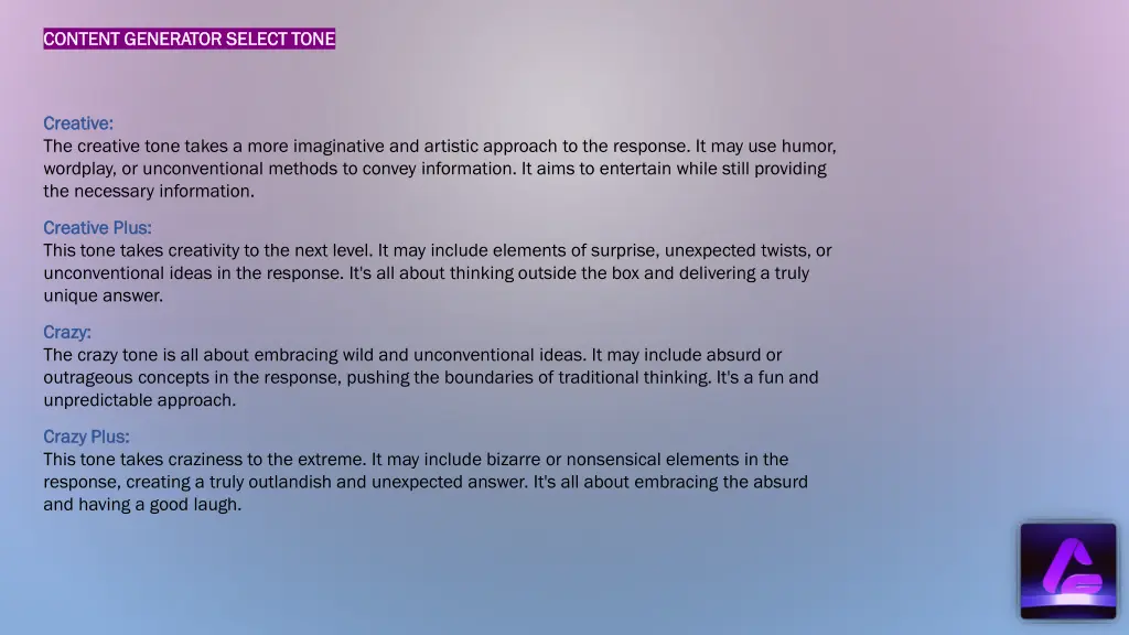 content generator select tone content generator 1