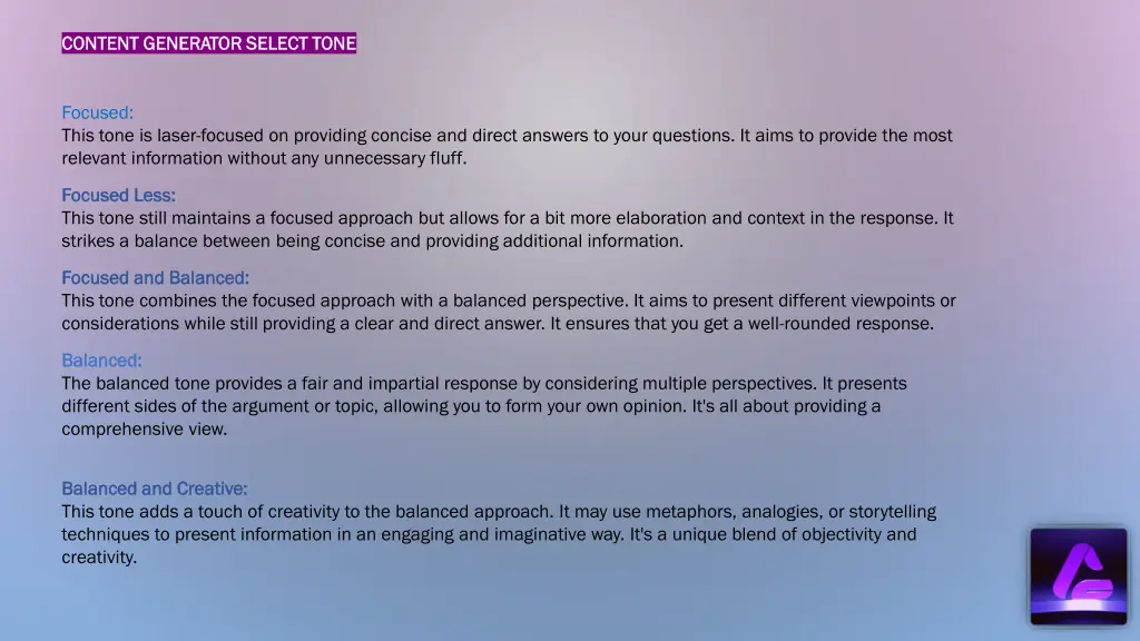 content generator select tone content generator