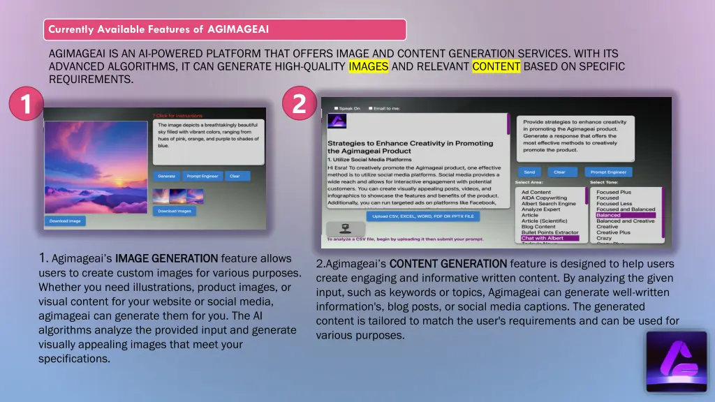 currently available features of agimageai