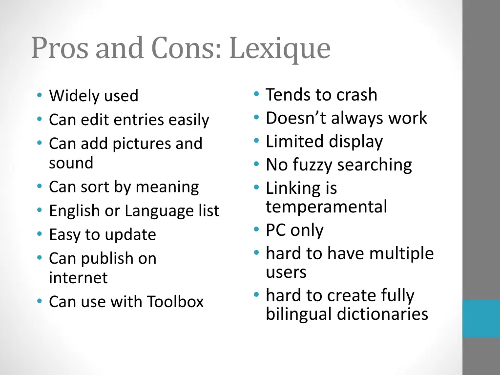 pros and cons lexique