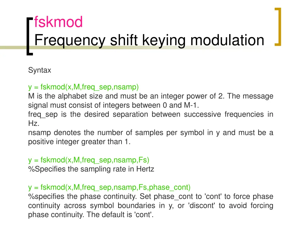 fskmod frequency shift keying modulation