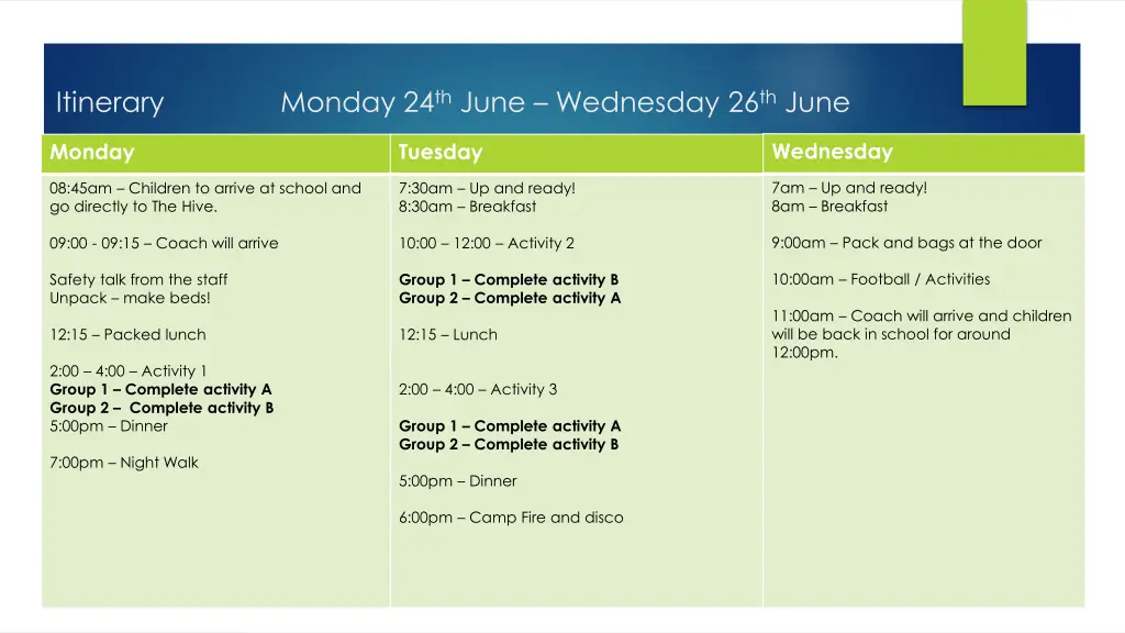 itinerary monday 24 th june wednesday 26 th june