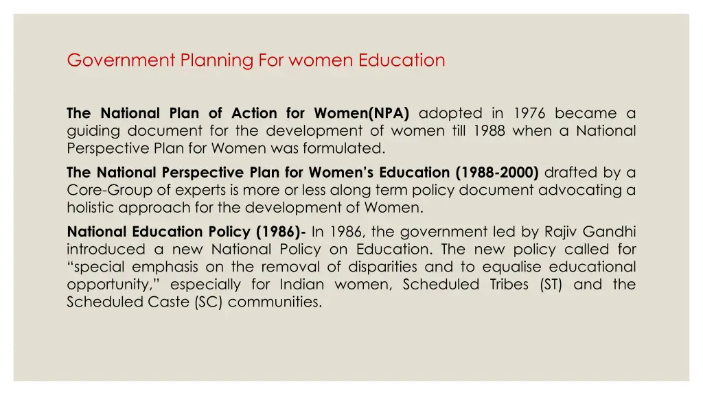 government planning for women education