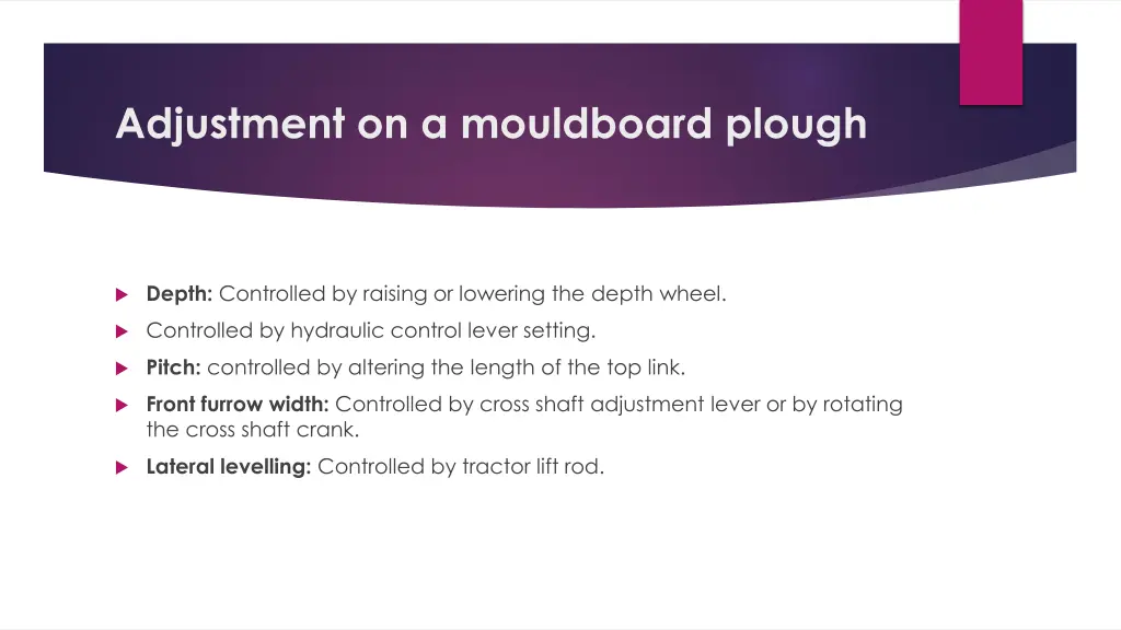 adjustment on a mouldboard plough