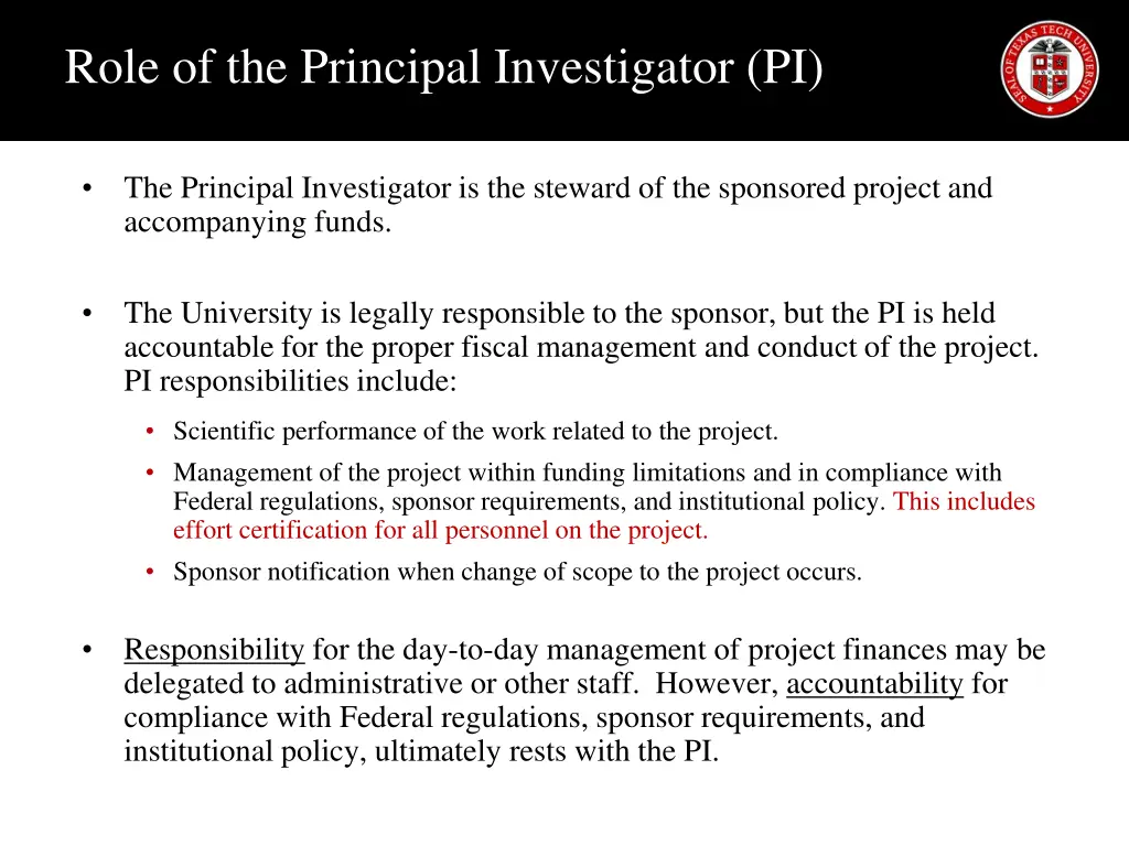 role of the principal investigator pi