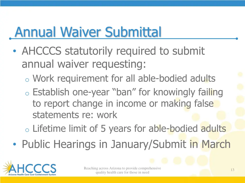 annual waiver submittal ahcccs statutorily