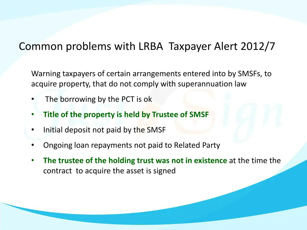 common problems with lrba taxpayer alert 2012 7