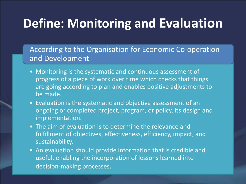 define monitoring and evaluation