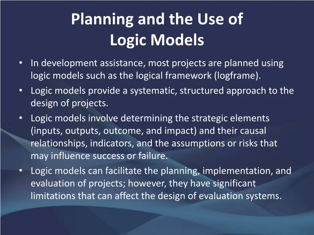 planning and the use of logic models