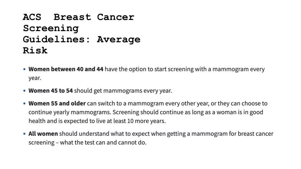 acs breast cancer screening guidelines average