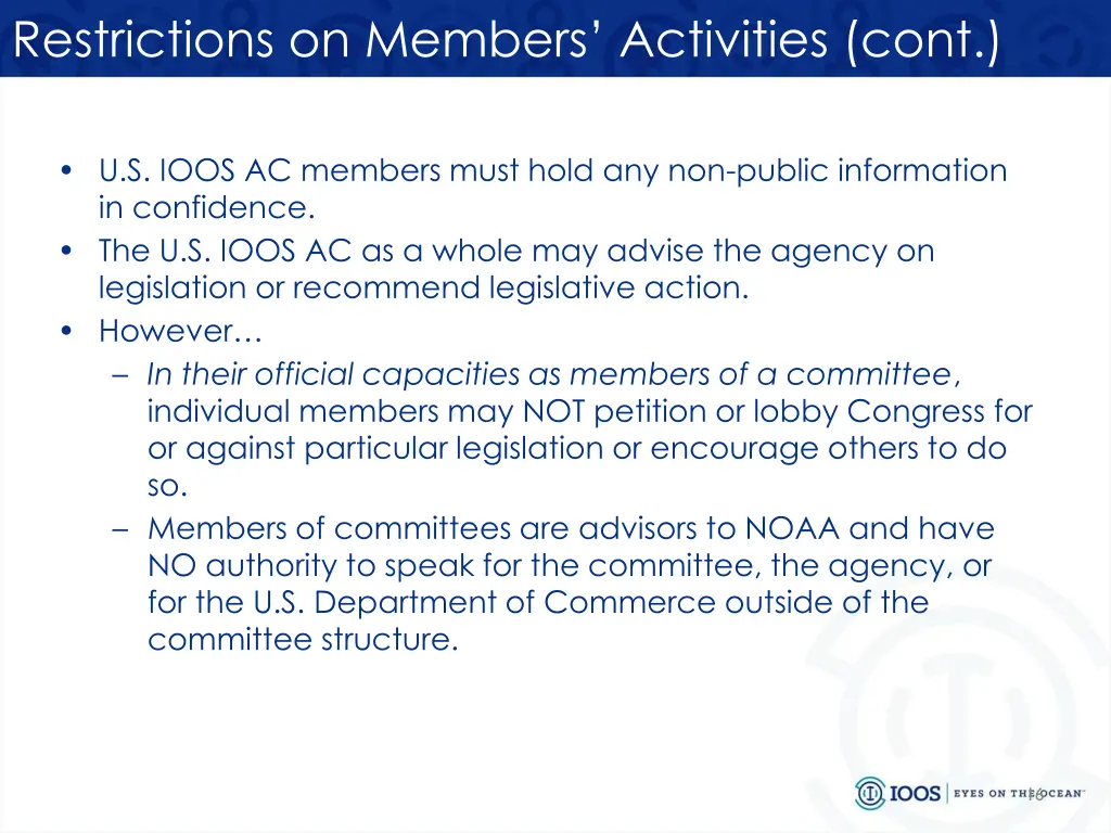 restrictions on members activities cont