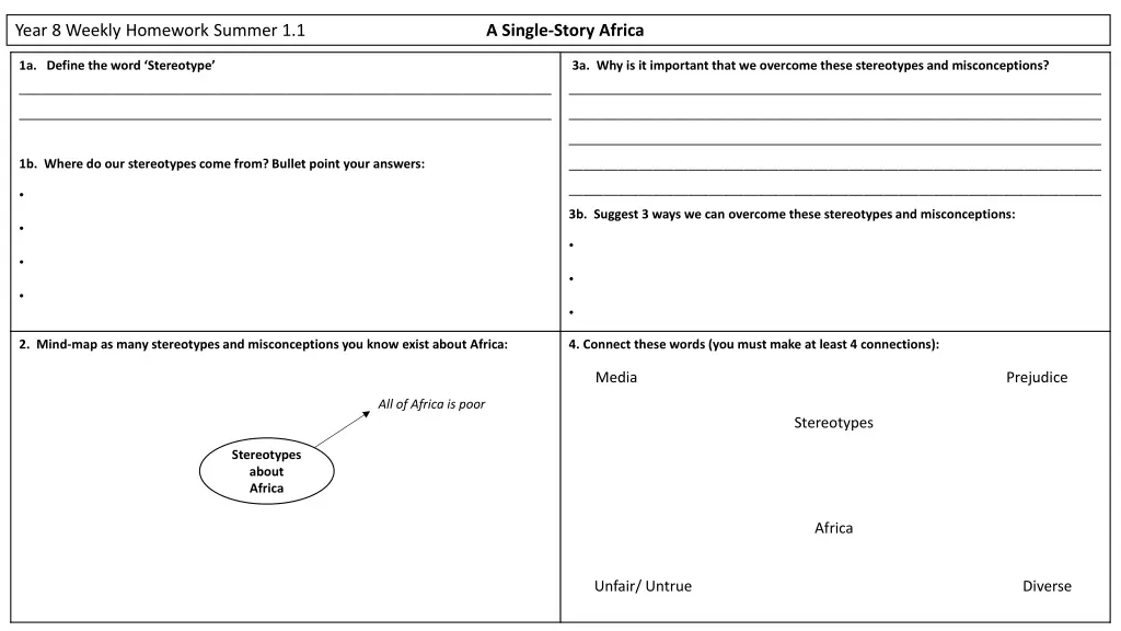 year 8 weekly homework summer 1 1