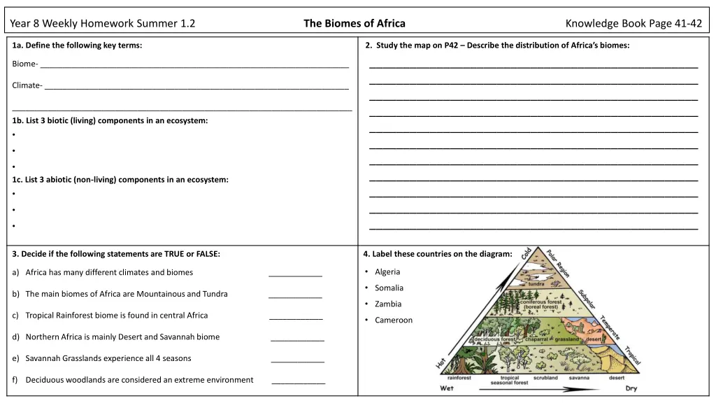 year 8 weekly homework summer 1 2 the biomes