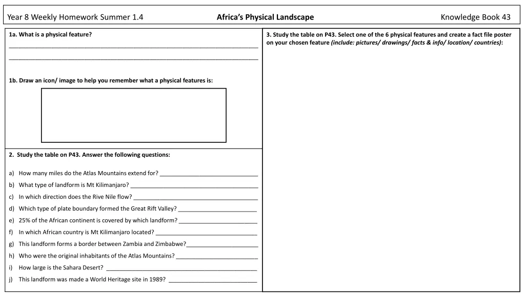 year 8 weekly homework summer 1 4