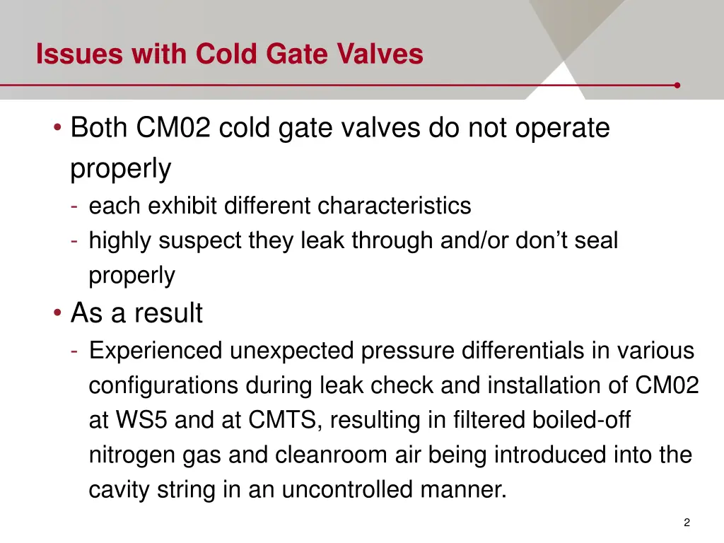 issues with cold gate valves