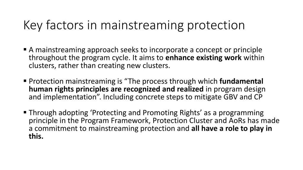 key factors in mainstreaming protection