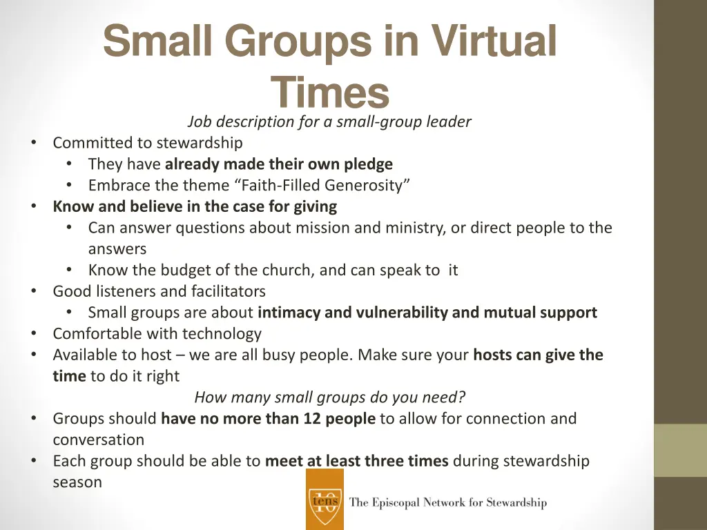 small groups in virtual times job description