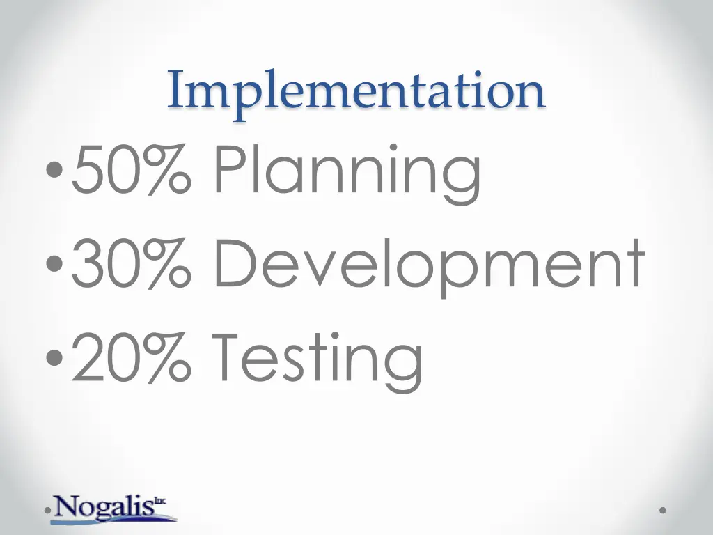 implementation 50 planning 30 development