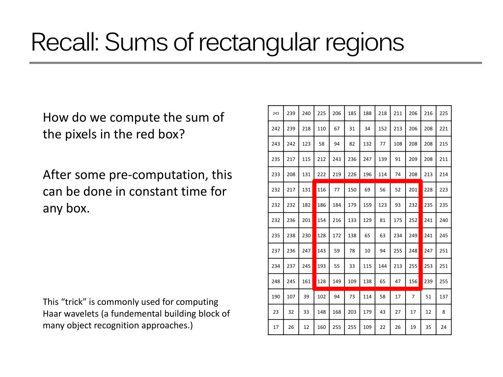 recall sums of rectangular regions