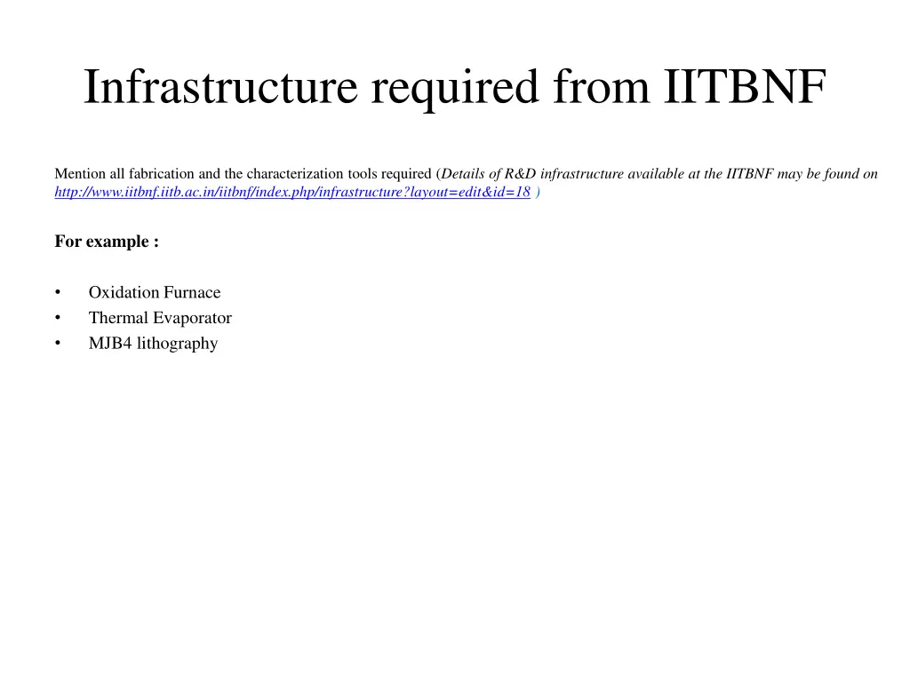 infrastructure required from iitbnf