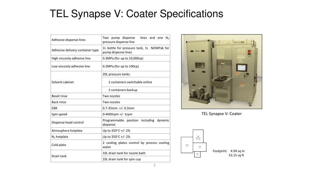 tel synapse v coater specifications