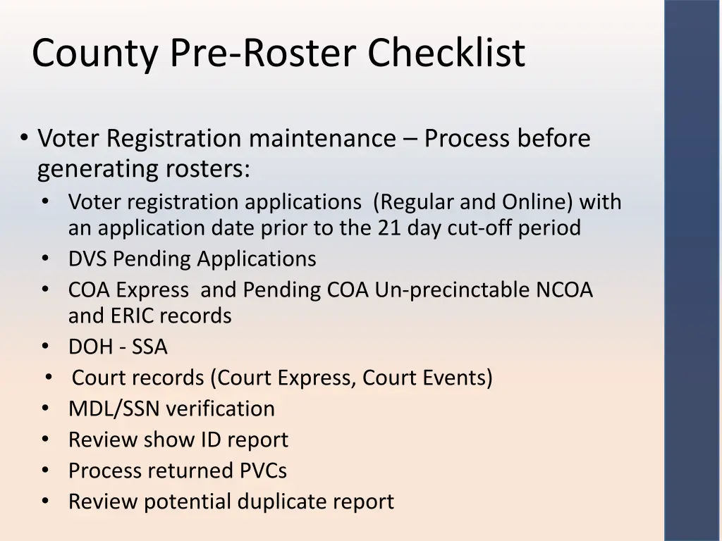 county pre roster checklist