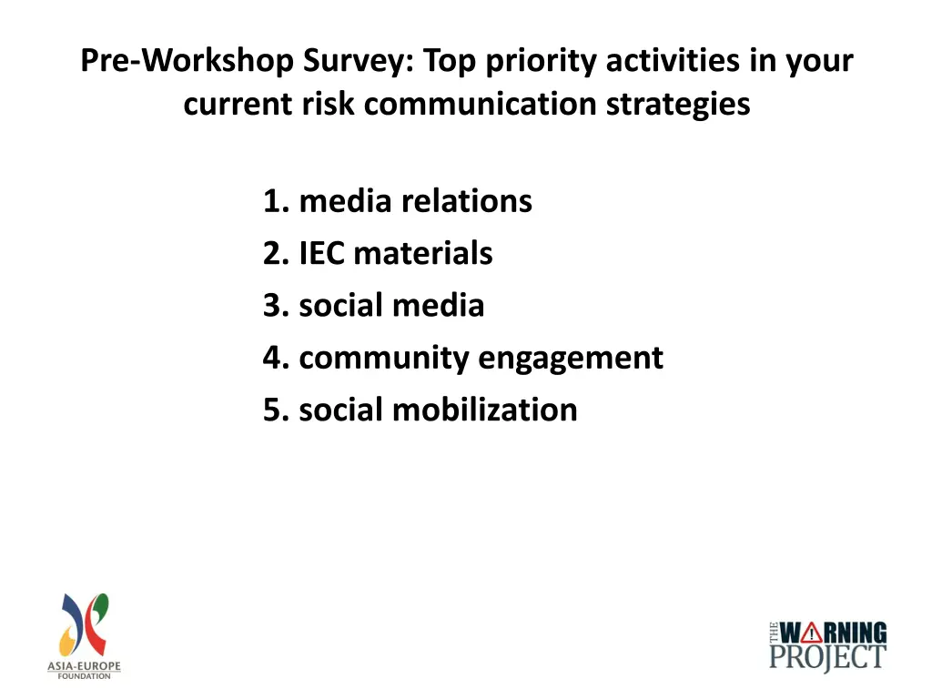 pre workshop survey top priority activities