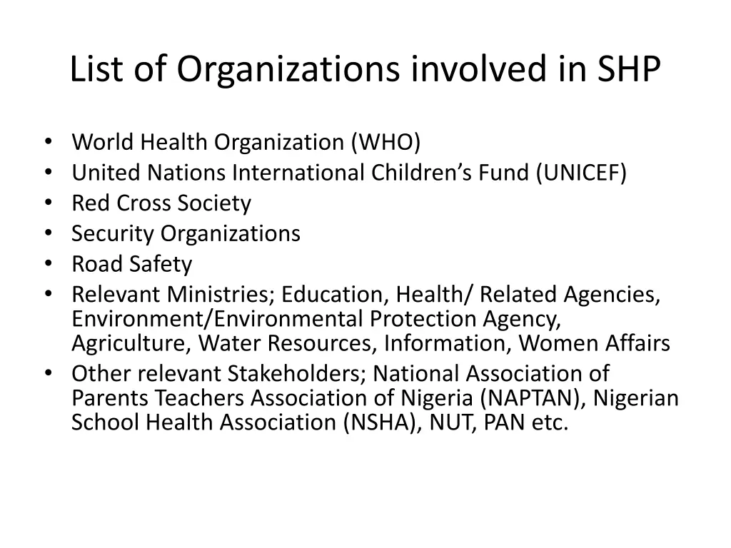 list of organizations involved in shp