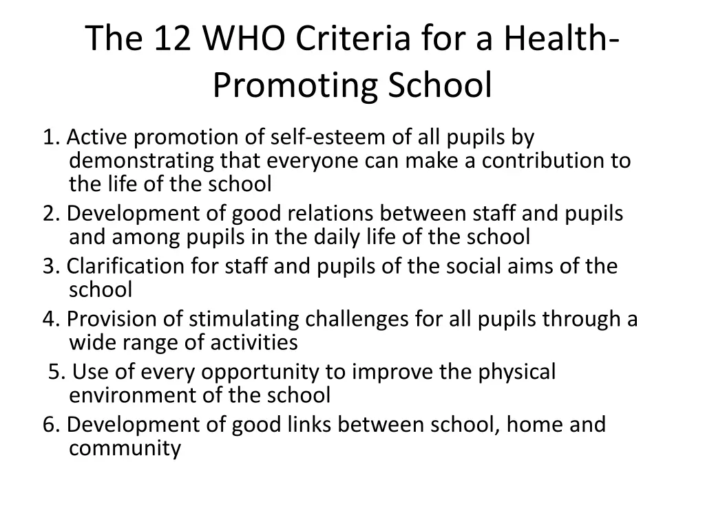 the 12 who criteria for a health promoting school