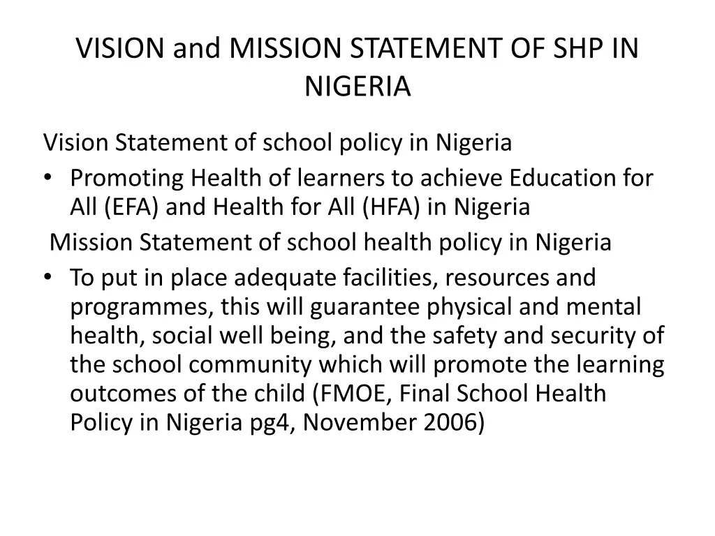 vision and mission statement of shp in nigeria