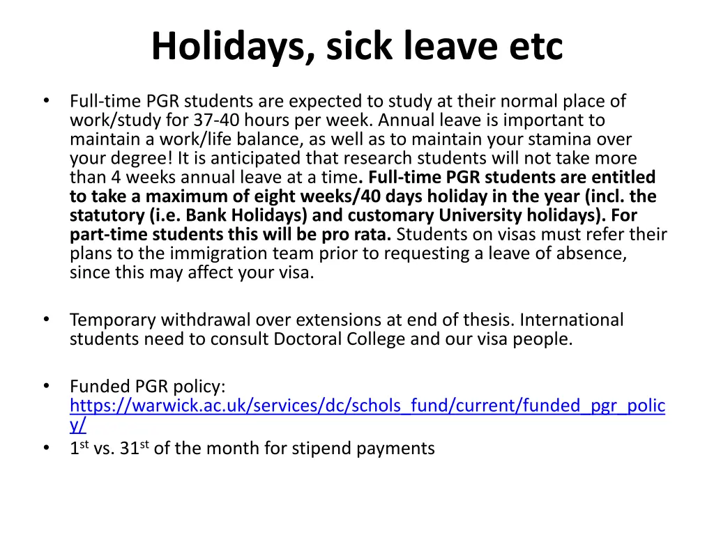 holidays sick leave etc