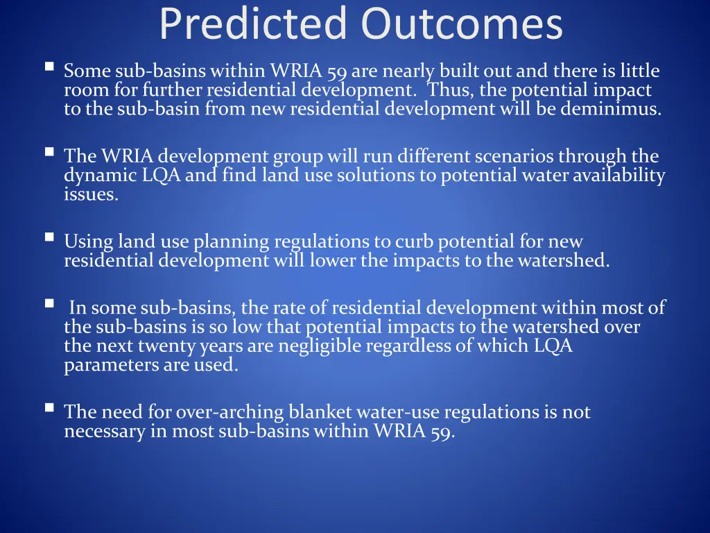 predicted outcomes some sub basins within wria