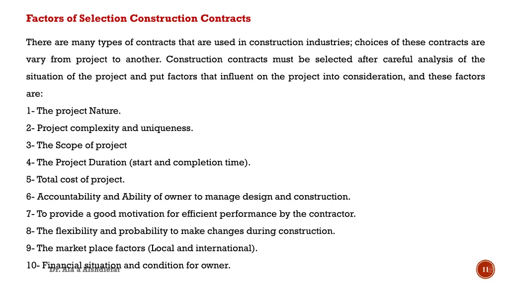 factors of selection construction contracts