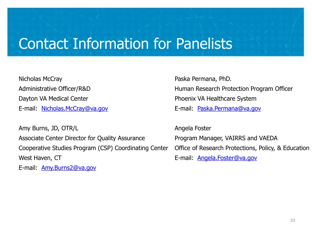 contact information for panelists