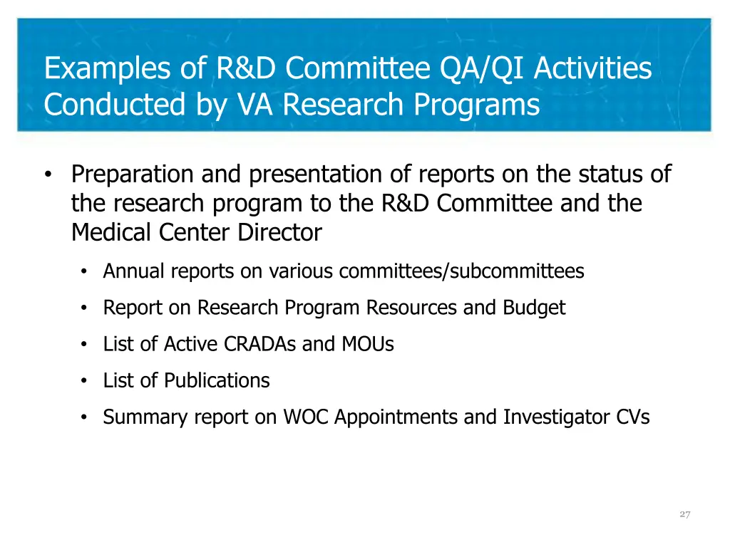 examples of r d committee qa qi activities