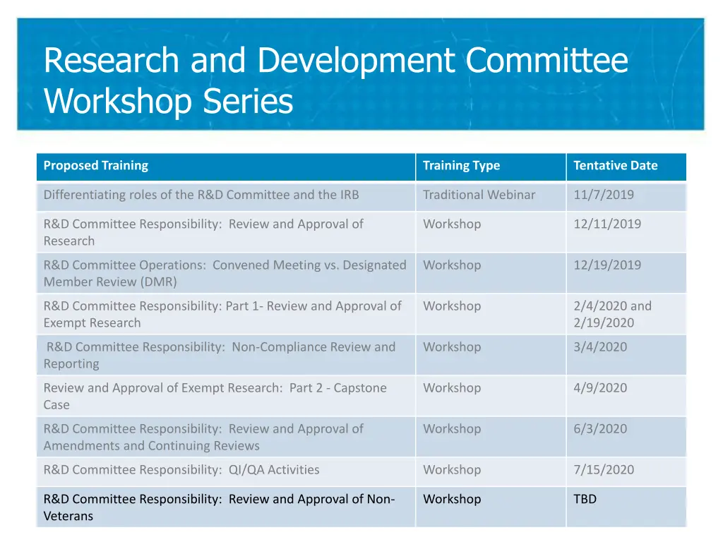 research and development committee workshop series