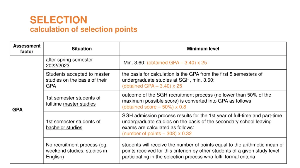 selection calculation of selection points