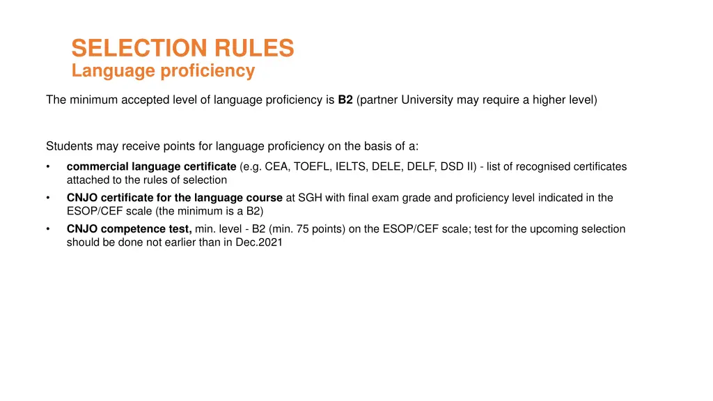 selection rules language proficiency
